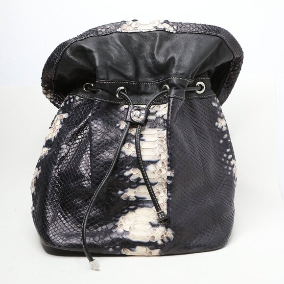 LUXURY Silvano Bagini Python Leather Drawstring Bucket Bag Handbag Black White - Picture 8 of 16